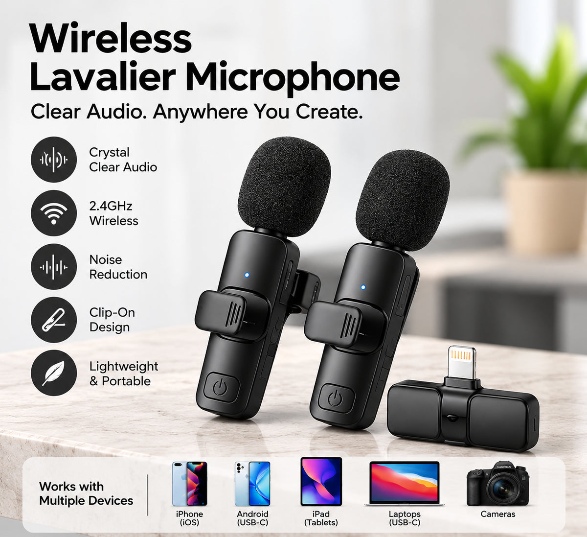 2-Pack Wireless Lavalier Microphones for iPhone & Android