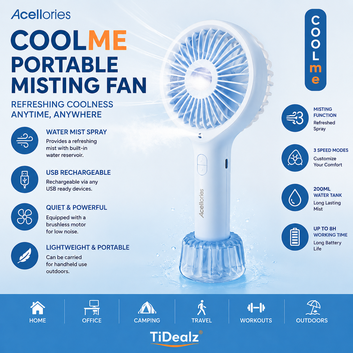 Acellories COOLme Portable Misting Fan Rechargeable USB Cooling Fan