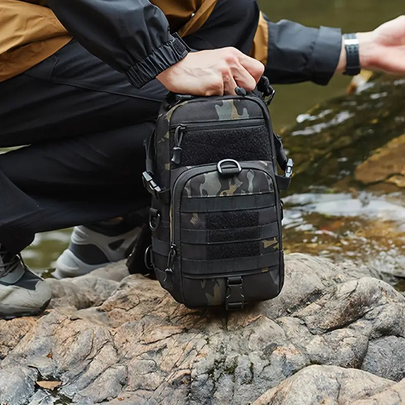 Multi-Functional Outdoor Sports Chest Bag – Durable Tear-Resistant Polyester with Multiple Pockets & 2 American Flag Patches