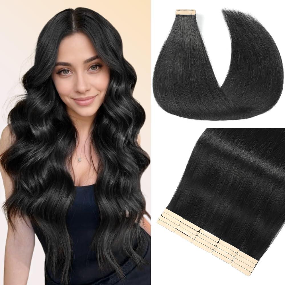 Tape-in extensions 18 inches, 20 pieces, Remy human hair, jet black, hypoallergenic, invisible, natural look, easy to apply. - TiDealz