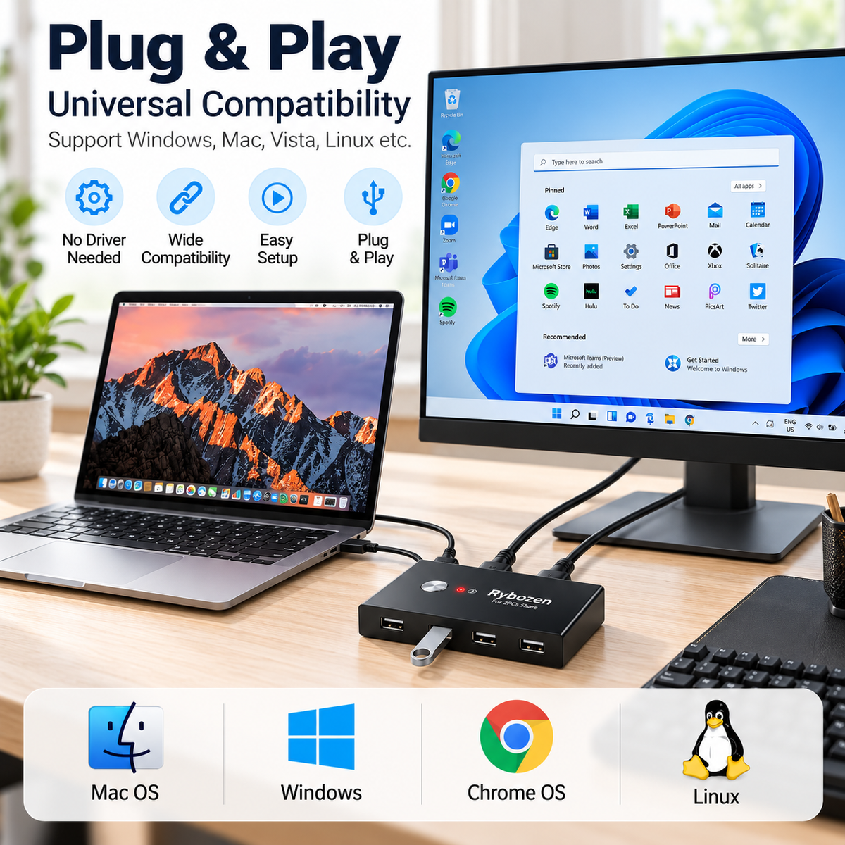 USB Switch for 2 Computers Sharing 4 USB Devices – 2 In 4 Out