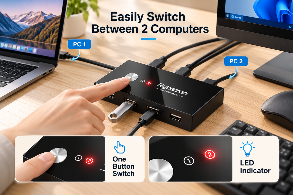 USB Switch for 2 Computers Sharing 4 USB Devices – 2 In 4 Out