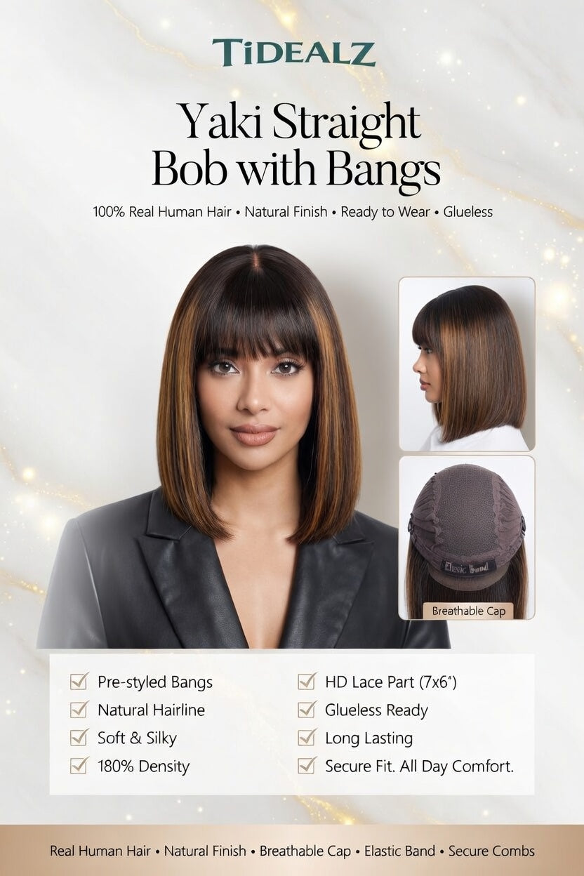 10 Inch Yaki Straight Bob Wig with Bangs – Glueless Human Hair Wig Brown Highlights 180% Density | TiDealz TiDealz