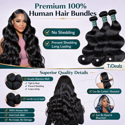 12A Body Wave Human Hair Bundles 16-22 Inch Virgin Hair Extensions | TiDealz