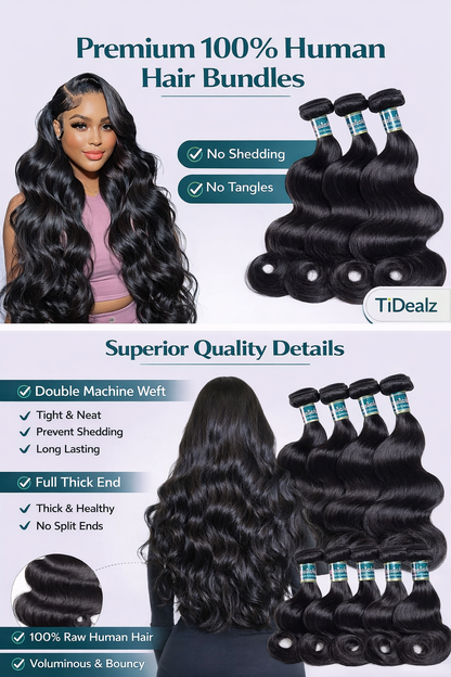 12A Body Wave Human Hair Bundles 16 18 20 22 Inch – 100% Virgin Human Hair Extensions | TiDealz TiDealz
