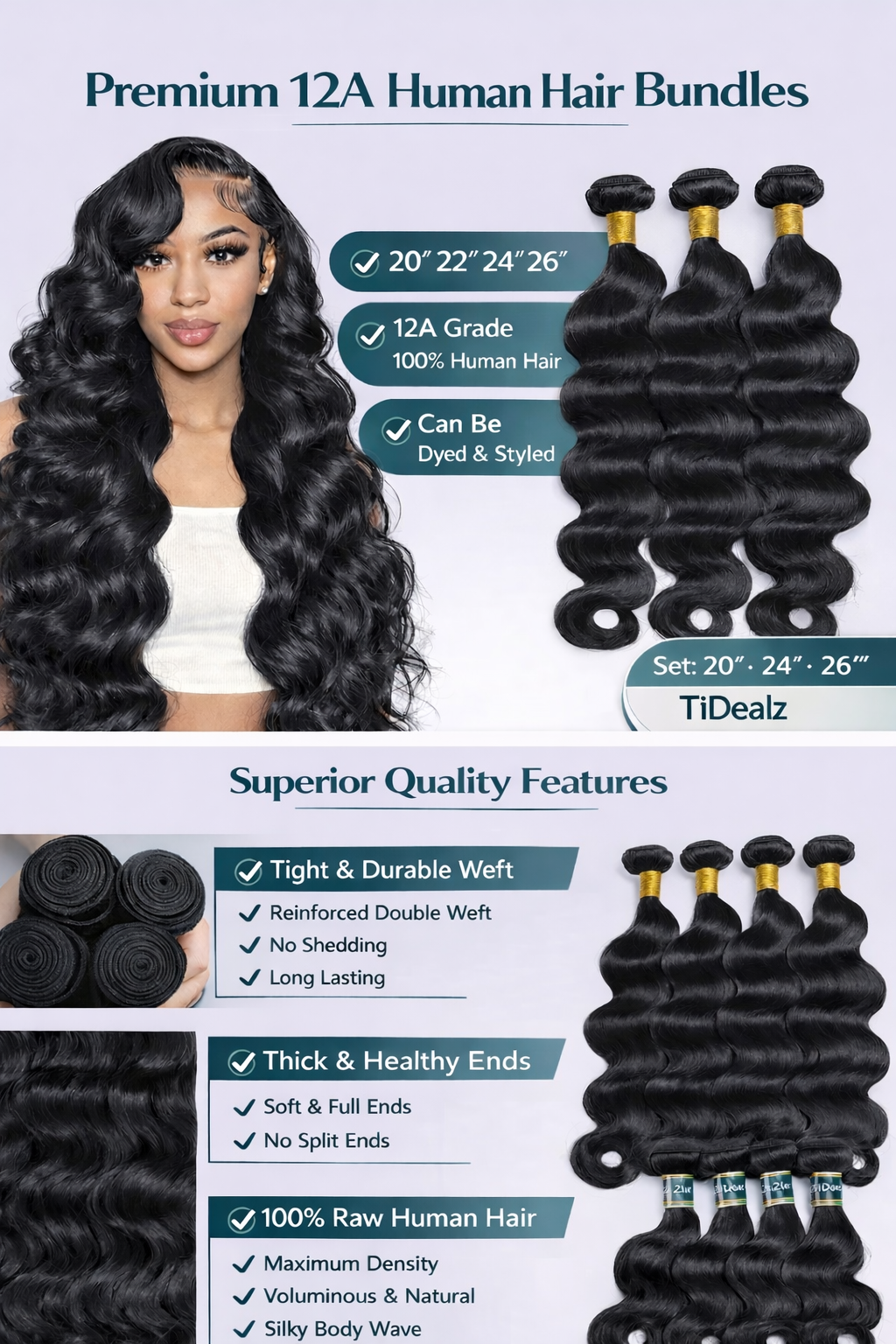 12A Body Wave Human Hair Bundles 20–26 Inch – Brazilian Virgin Human Hair Extensions (Natural Black) | TiDealz TiDealz