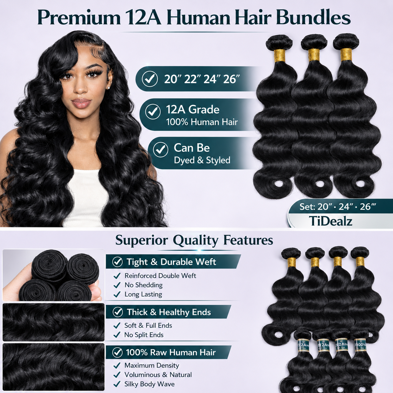 12A Body Wave Human Hair Bundles 20-26 Inch Brazilian Virgin Hair | TiDealz
