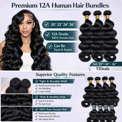 12A Body Wave Human Hair Bundles 20-26 Inch Brazilian Virgin Hair | TiDealz