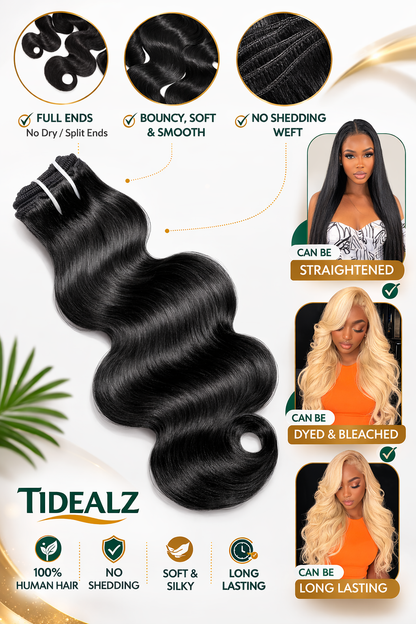16A Raw Indian Body Wave Human Hair Bundles 20–24 Inch – Unprocessed Human Hair Extensions (Natural Black) | TiDealz TiDealz