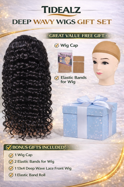 Deep Wave Lace Front Wig Human Hair 20 Inch – 13x4 HD Transparent Lace Wig 200% Density (Natural Black) | TiDealz TiDealz