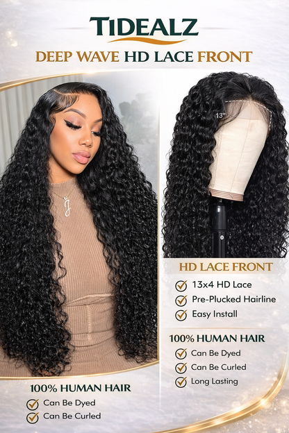 Deep Wave Lace Front Wig Human Hair 20 Inch – 13x4 HD Transparent Lace Wig 200% Density (Natural Black) | TiDealz TiDealz