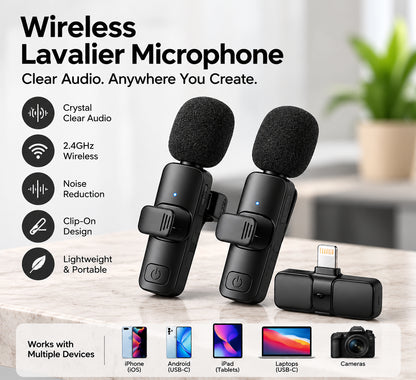 2-Pack Wireless Lavalier Microphones for iPhone & Android
