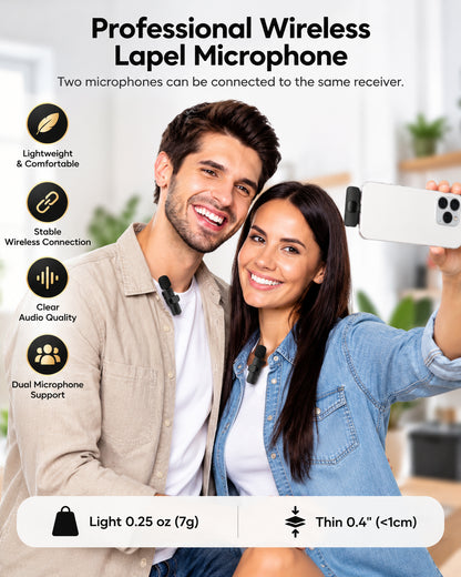 2-Pack Wireless Lavalier Microphones for iPhone & Android