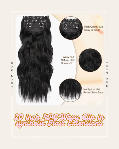 4PC 20-Inch Wavy Clip-In Hair Extensions synthetic – Thick Natural Black Full Head - TiDealz