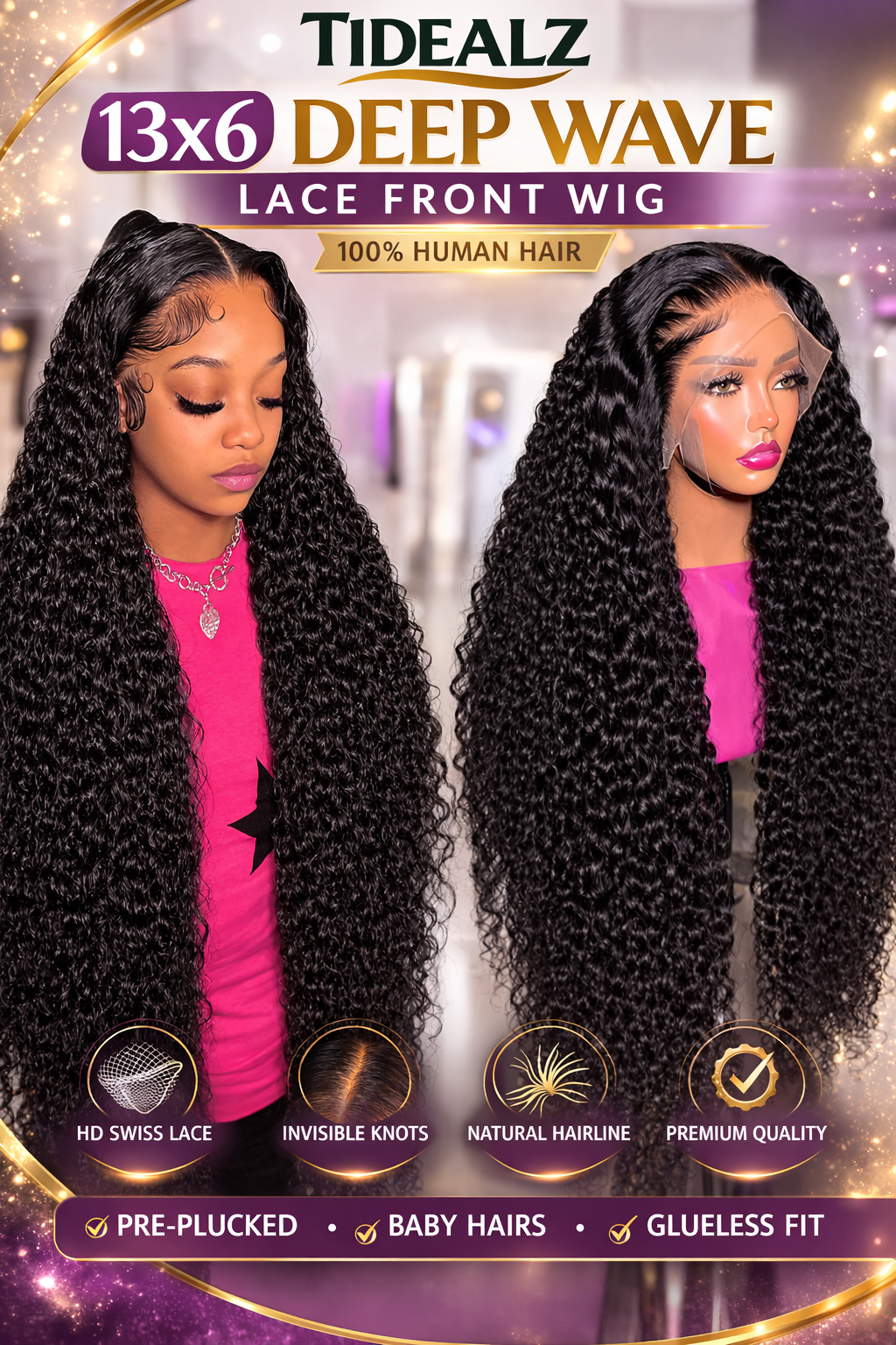 30 Inch Deep Wave Lace Front Wig Human Hair – 13x6 HD Transparent Lace Wig 200% Density (Natural Black) | TiDealz TiDealz