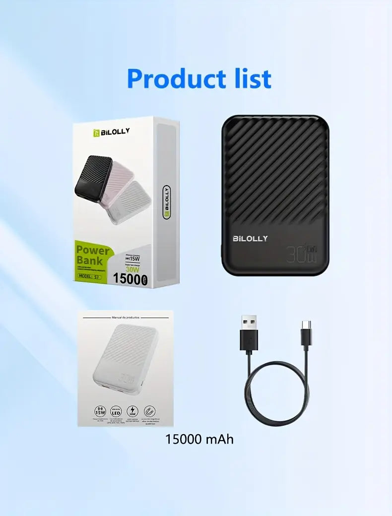 BILOLLY 30W Magnetic Power Bank 15000mAh – Fast Wireless Portable Charger