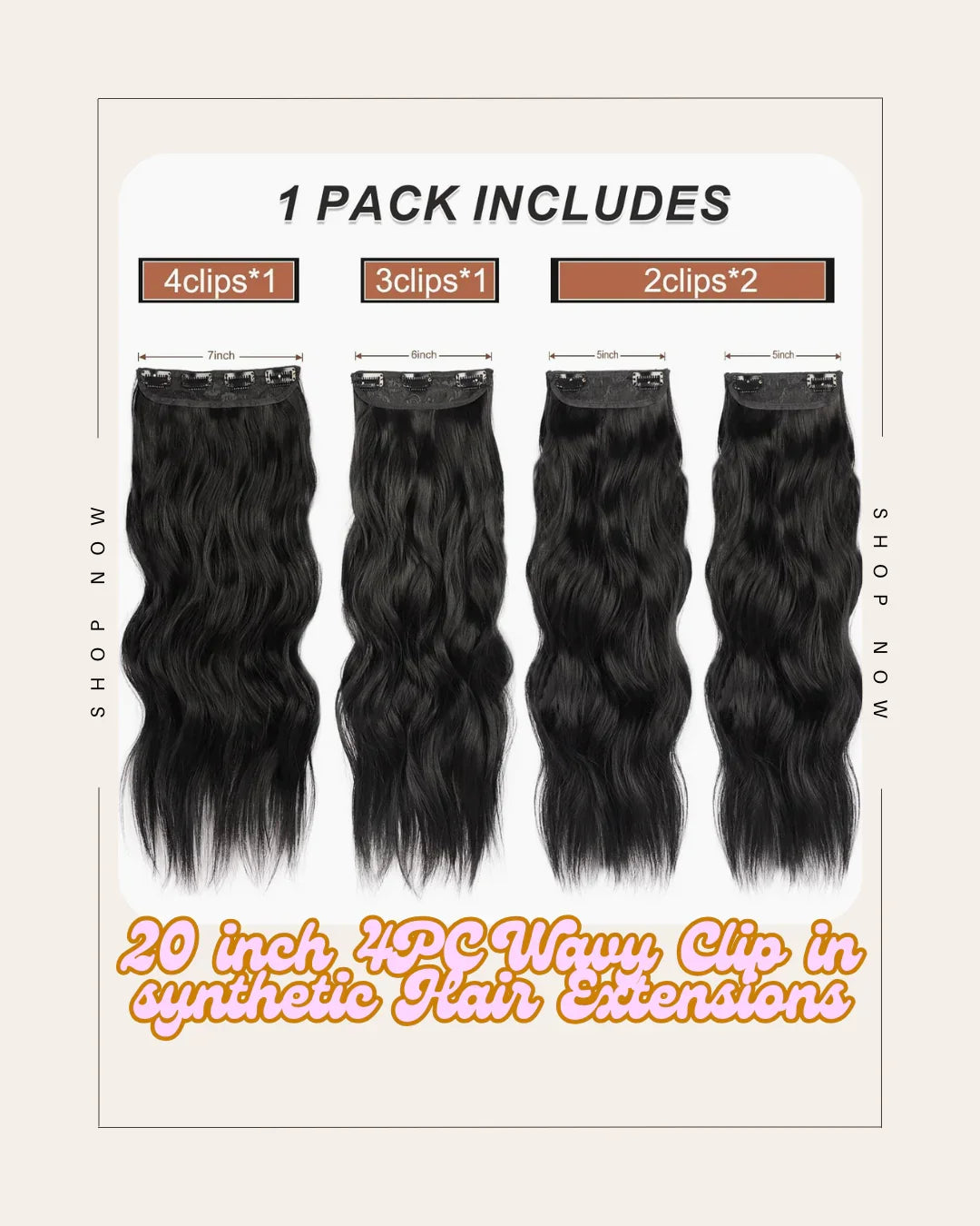 4PC 20-Inch Wavy Clip-In Hair Extensions synthetic – Thick Natural Black Full Head - TiDealz