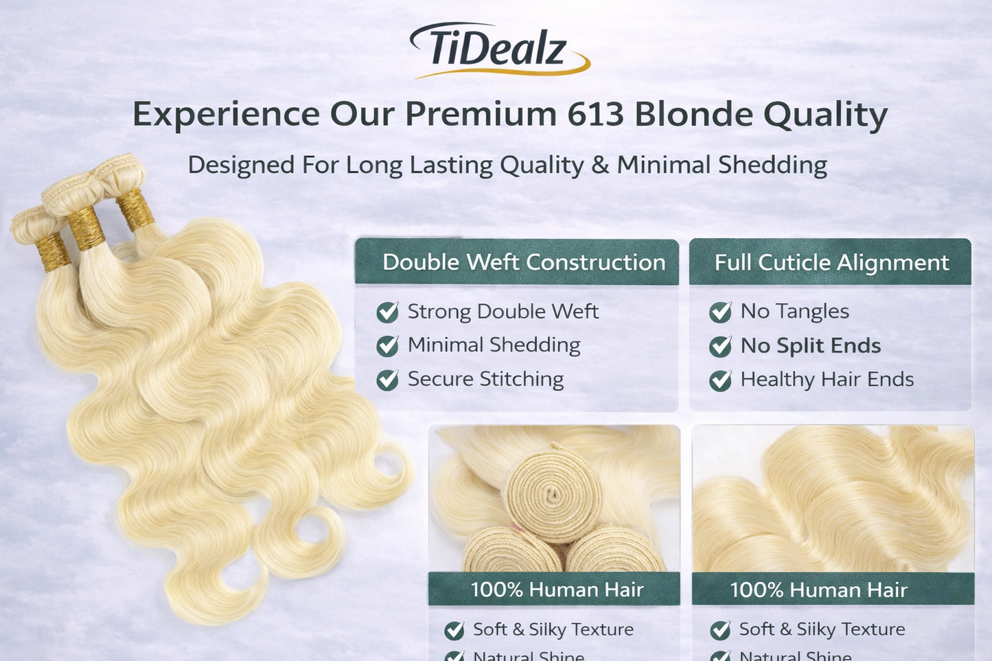 613 Blonde Body Wave Human Hair Bundles – 18 - 22Inches Brazilian Virgin Human Hair Extensions (Natural 613 Color 2 Bundles) | TiDealz TiDealz
