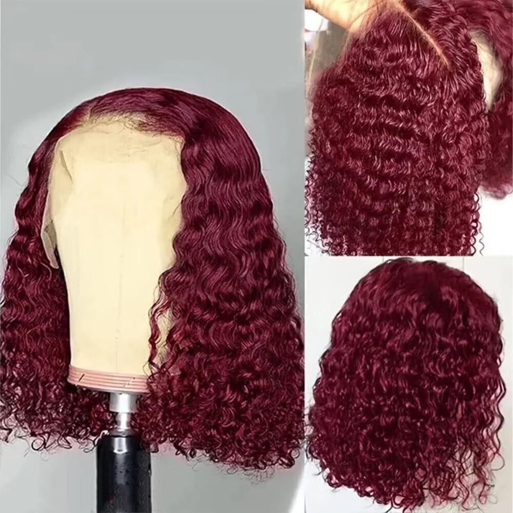 99J Burgundy Curly Bob, 13x6 Lace Front, 150% Density, Virgin Human Hair, Glueless, Adjustable Cap, Easy to Wear. 8 Inch - TiDealz
