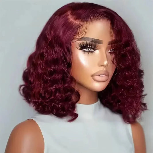 99J Burgundy Curly Bob, 13x6 Lace Front, 150% Density, Virgin Human Hair, Glueless, Adjustable Cap, Easy to Wear. 8 Inch - TiDealz