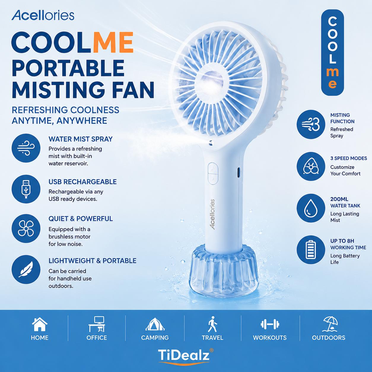 Acellories COOLme Portable Misting Fan Rechargeable USB Cooling Fan | TiDealz