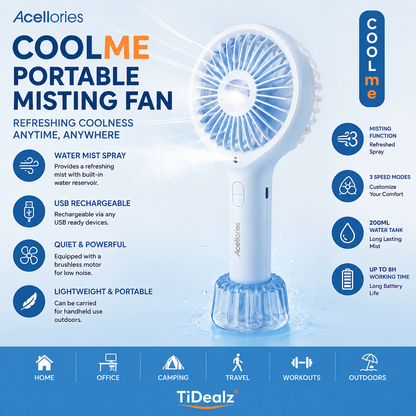 Acellories COOLme Portable Misting Fan Rechargeable USB Cooling Fan | TiDealz
