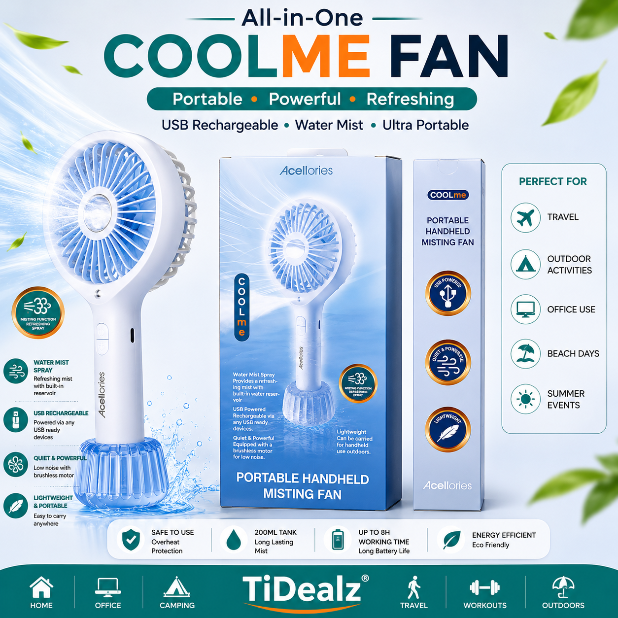 Acellories COOLme Portable Misting Fan Rechargeable USB Cooling Fan | TiDealz