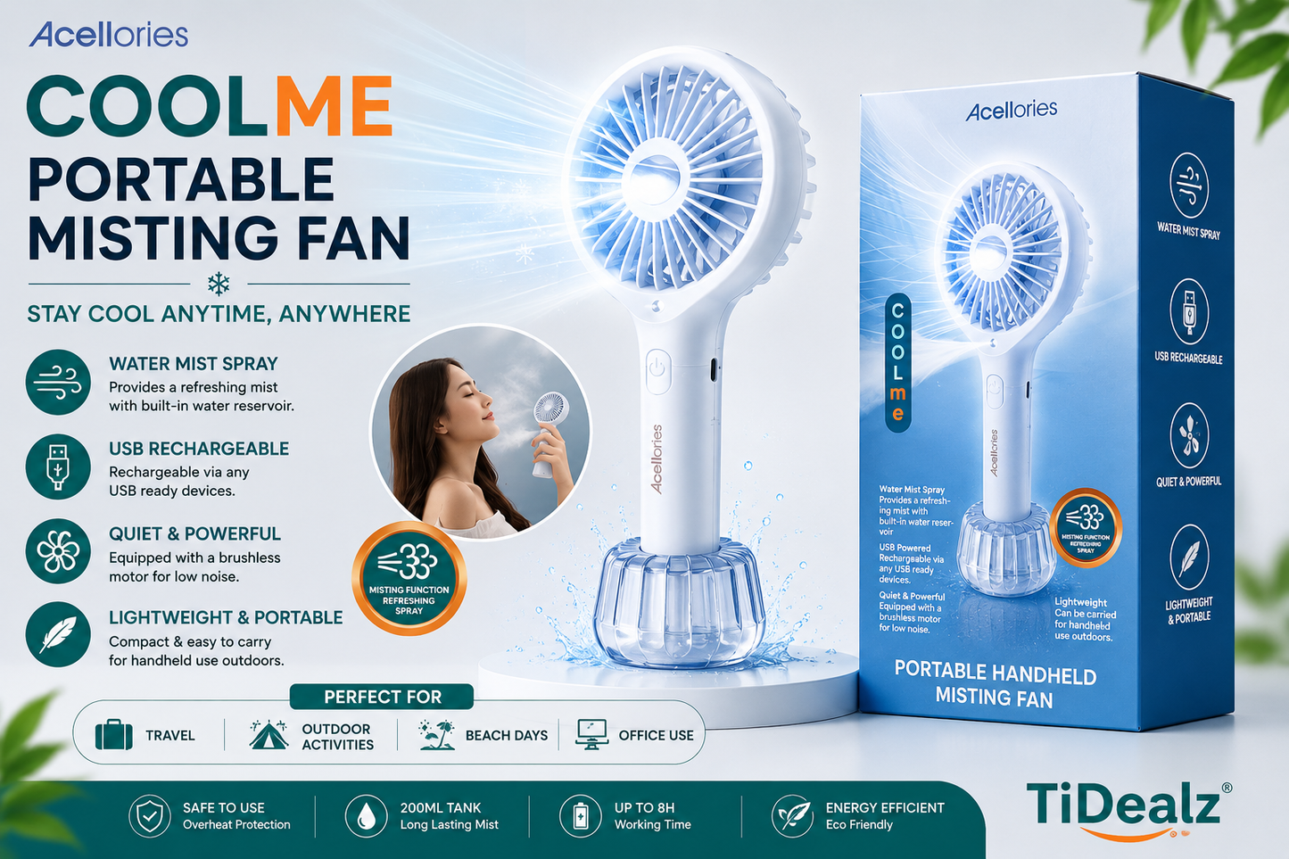 Acellories COOLme Portable Misting Fan Rechargeable USB Cooling Fan | TiDealz