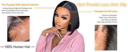 Bob wig with 13x4 HD lace front, straight human hair, 150% density, short, natural, elegant and easy to wear. - TiDealz