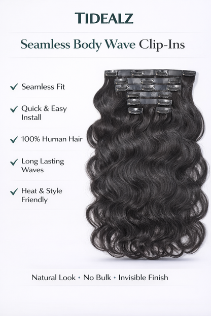 14 Inch Body Wave Clip-In Human Hair Extensions – Remy Seamless PU Weft Natural Black (110g 6pcs) | TiDealz TiDealz