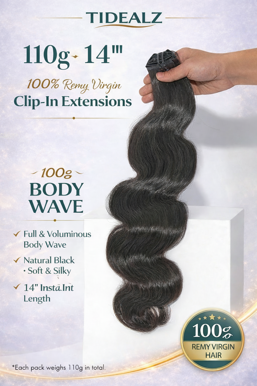 14 Inch Body Wave Clip-In Human Hair Extensions – Remy Seamless PU Weft Natural Black (110g 6pcs) | TiDealz TiDealz