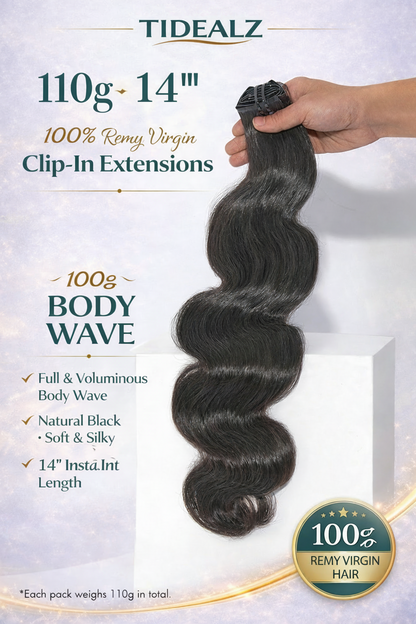 14 Inch Body Wave Clip-In Human Hair Extensions – Remy Seamless PU Weft Natural Black (110g 6pcs) | TiDealz TiDealz