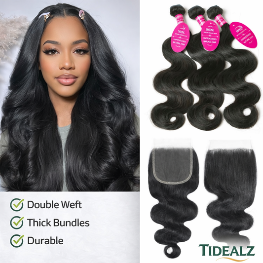 12A Body Wave Human Hair Bundles with 4x4 HD Lace Closure – Brazilian Virgin Hair 20 22 24 + 18 Inch | TiDealz TiDealz