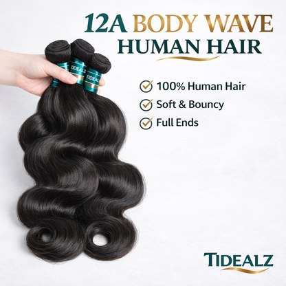 12A Body Wave Human Hair Bundles with 4x4 HD Lace Closure – Brazilian Virgin Hair 20 22 24 + 18 Inch | TiDealz TiDealz