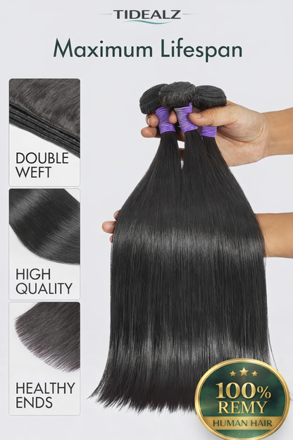 12A Straight Human Hair Bundles 12–16 Inch – Brazilian Virgin Remy Hair Extensions (Natural Black) | TiDealz TiDealz