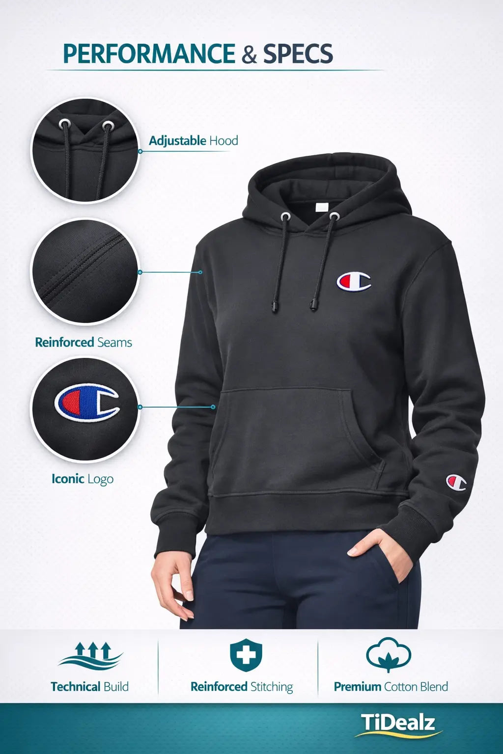 Champion Women’s Reverse Weave Hoodie Heavyweight Fleece Pullover Relaxed Fit | TiDealz TiDealz