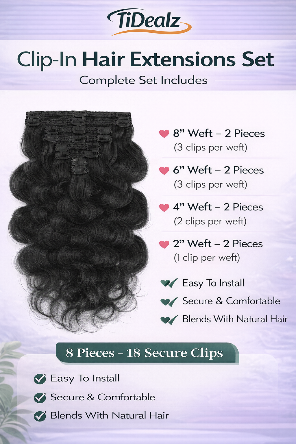 16 Inch Body Wave Clip-In Human Hair Extensions – 1B Natural Black Brazilian Remy Hair (8pcs Set) | TiDealz TiDealz