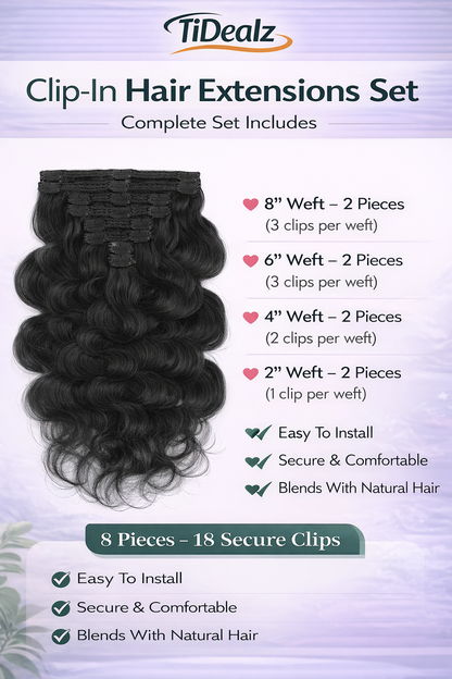 16 Inch Body Wave Clip-In Human Hair Extensions – 1B Natural Black Brazilian Remy Hair (8pcs Set) | TiDealz TiDealz