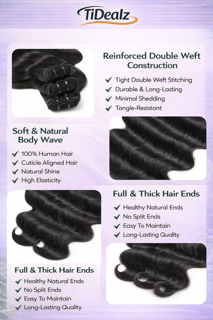 16 Inch Body Wave Clip-In Human Hair Extensions – 1B Natural Black Brazilian Remy Hair (8pcs Set) | TiDealz TiDealz