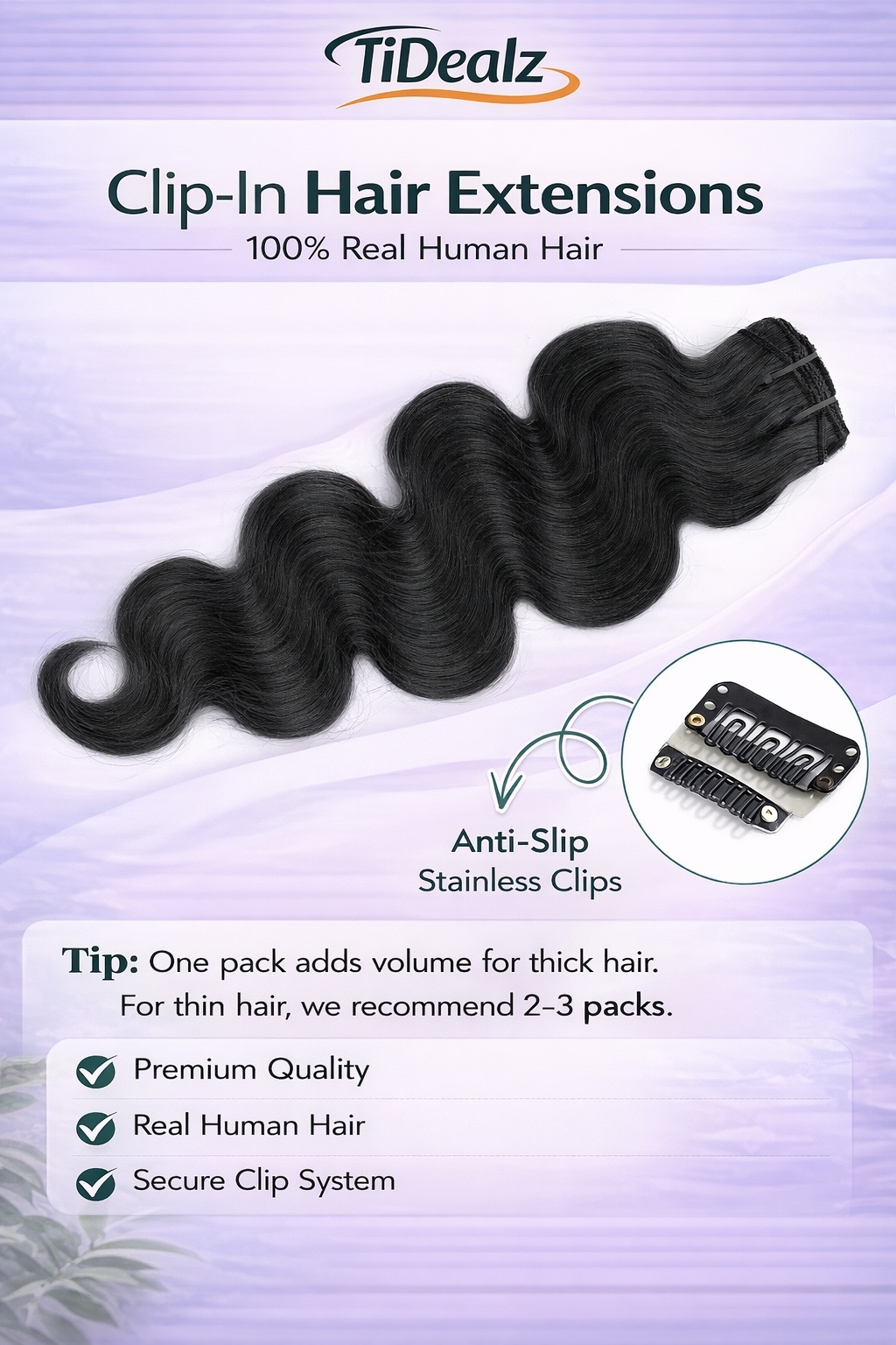 16 Inch Body Wave Clip-In Human Hair Extensions – 1B Natural Black Brazilian Remy Hair (8pcs Set) | TiDealz TiDealz