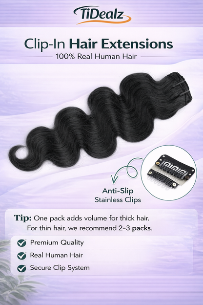 16 Inch Body Wave Clip-In Human Hair Extensions – 1B Natural Black Brazilian Remy Hair (8pcs Set) | TiDealz TiDealz