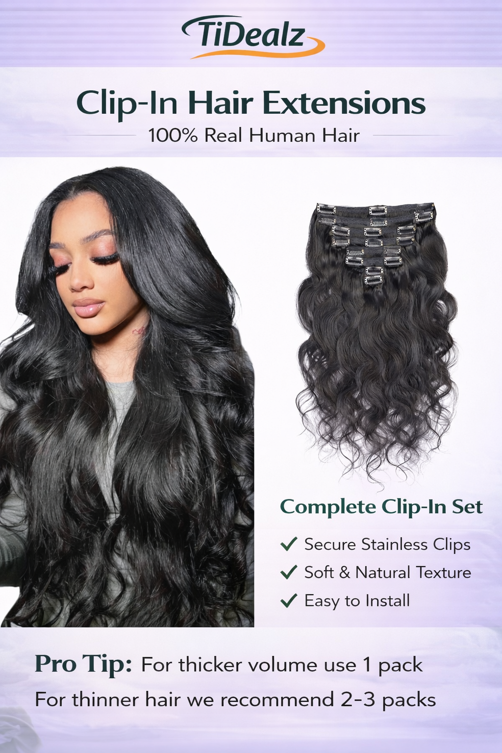 16 Inch Body Wave Clip-In Human Hair Extensions – 1B Natural Black Brazilian Remy Hair (8pcs Set) | TiDealz TiDealz