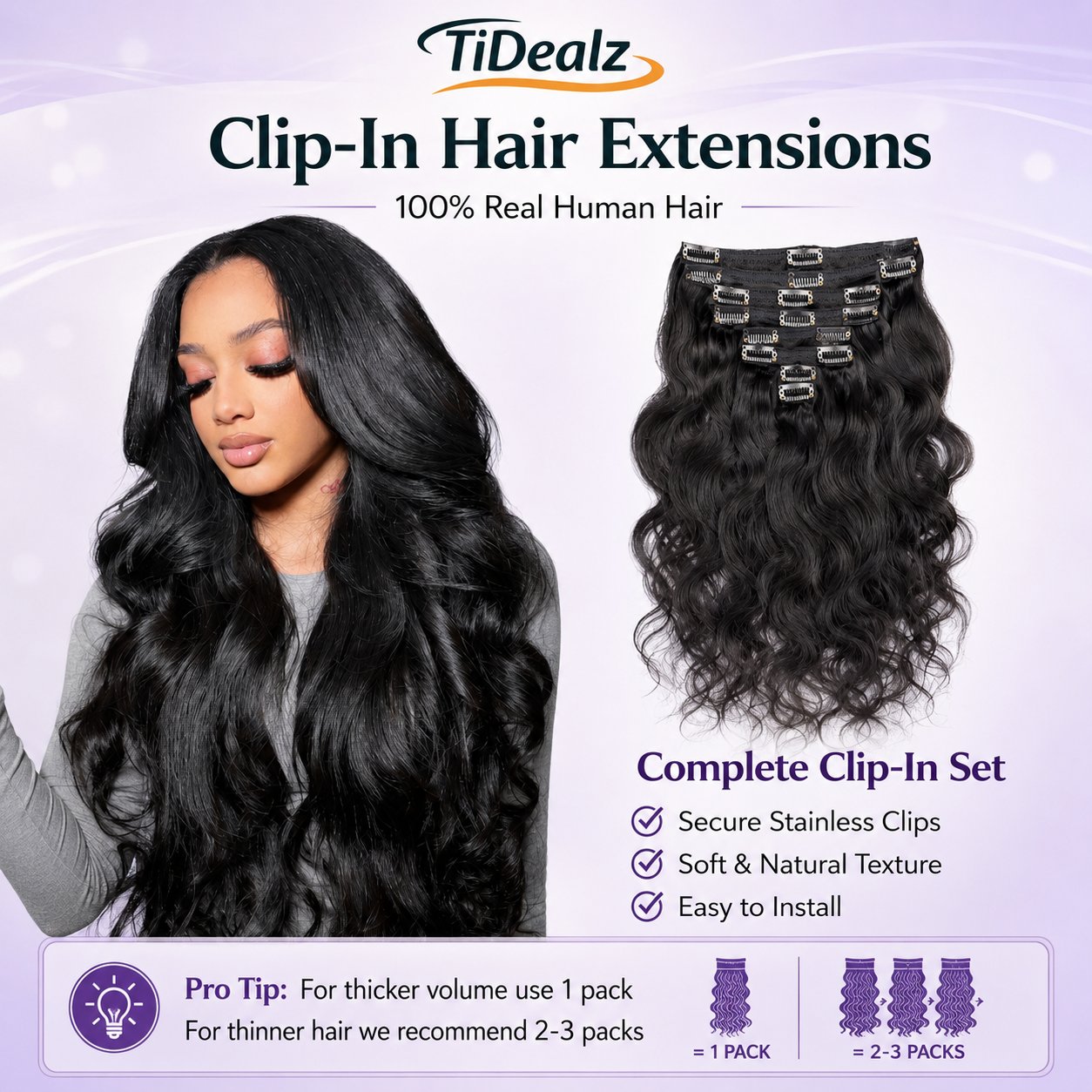 16 Inch Body Wave Clip In Human Hair Extensions 1B Natural Black | TiDealz