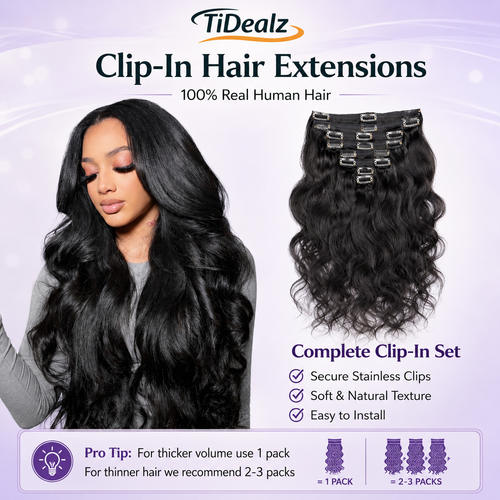 16 Inch Body Wave Clip In Human Hair Extensions 1B Natural Black | TiDealz