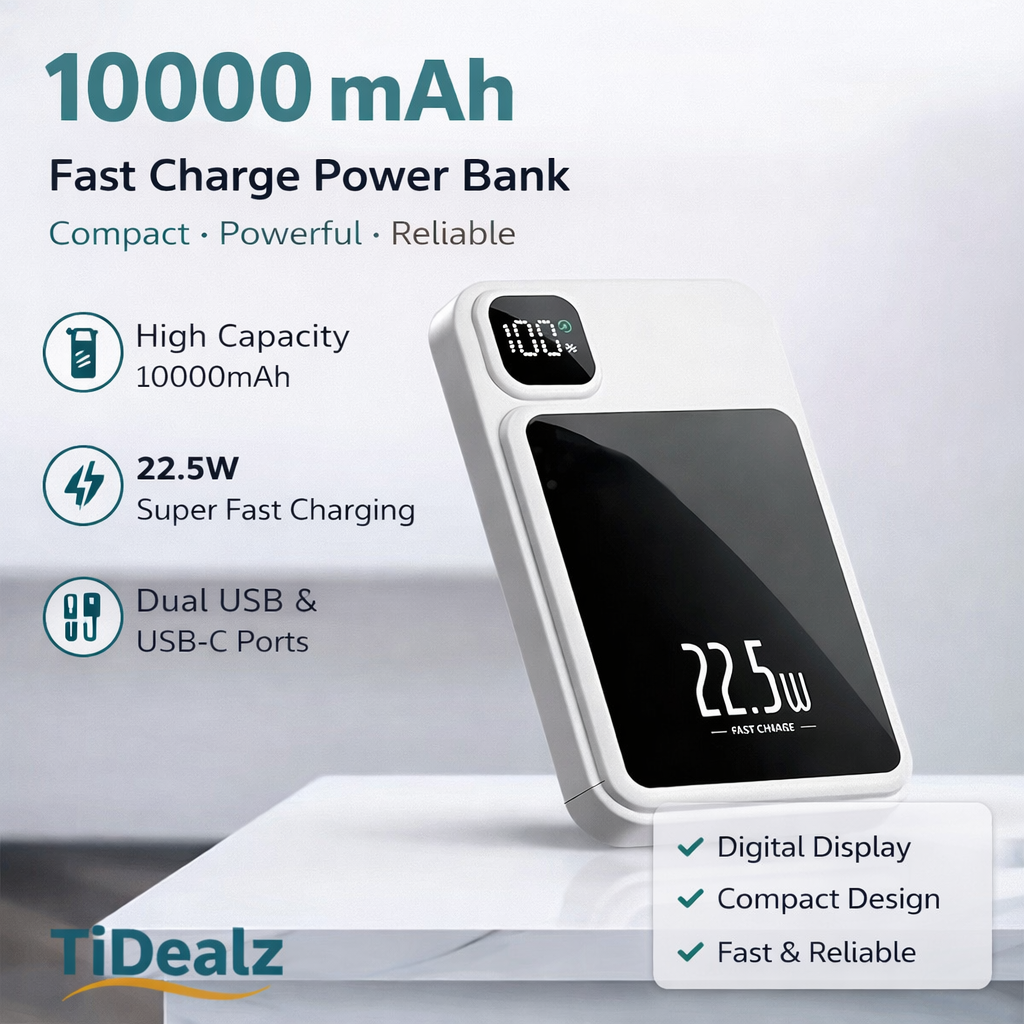 10000mAh Magnetic Power Bank – 22.5W Fast Charging Wireless Portable Charger USB-C | TiDealz TiDealz