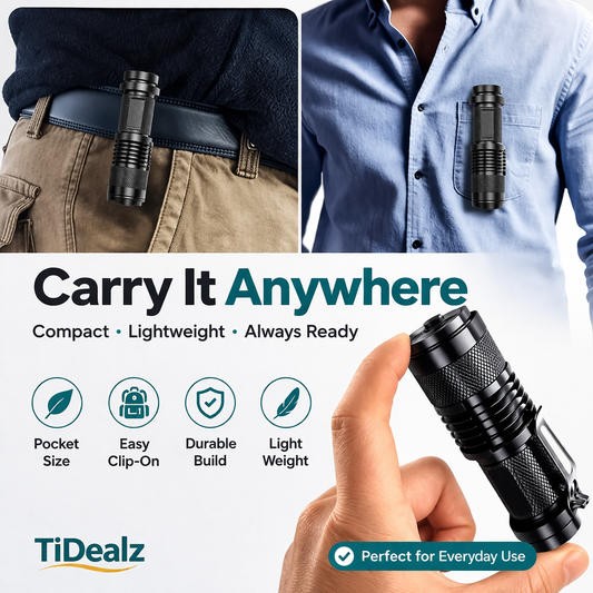 Tactical LED Flashlight – Zoomable Beam, 3 Tactical LED Flashlight Aluminum – Zoomable Beam 3 Modes Portable Outdoor Light | TiDealzModes (Low/High/Strobe), Aluminum Alloy Compact Flashlight with Belt Clip TiDealz