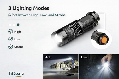 Tactical LED Flashlight – Zoomable Beam, 3 Tactical LED Flashlight Aluminum – Zoomable Beam 3 Modes Portable Outdoor Light | TiDealzModes (Low/High/Strobe), Aluminum Alloy Compact Flashlight with Belt Clip TiDealz