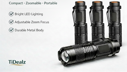 Tactical LED Flashlight – Zoomable Beam, 3 Tactical LED Flashlight Aluminum – Zoomable Beam 3 Modes Portable Outdoor Light | TiDealzModes (Low/High/Strobe), Aluminum Alloy Compact Flashlight with Belt Clip TiDealz