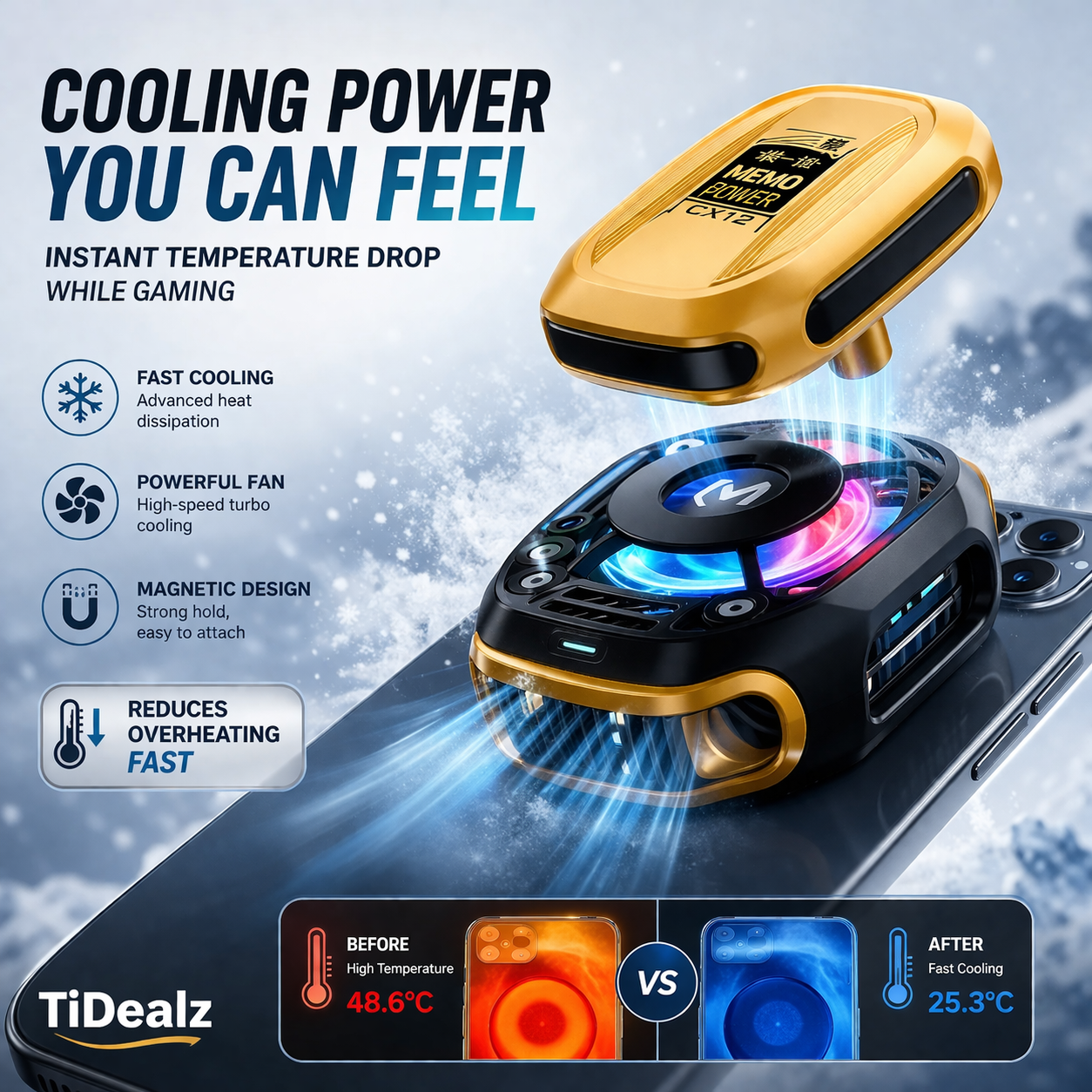 Magnetic Phone Cooler CX12MEMO CX12 Magnetic Phone Cooler – Rechargeable Gaming Radiator with RGB & Temperature Display | TiDealz 2025  – Rechargeable Mobile Radiator with RGB LED TiDealz