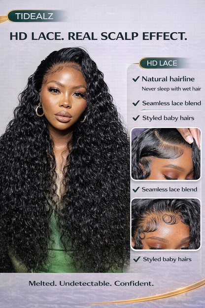 18 Inch Deep Wave Lace Front Wig Human Hair – 13x4 HD Lace Glueless Wig 200% Density (Natural Black) | TiDealz TiDealz